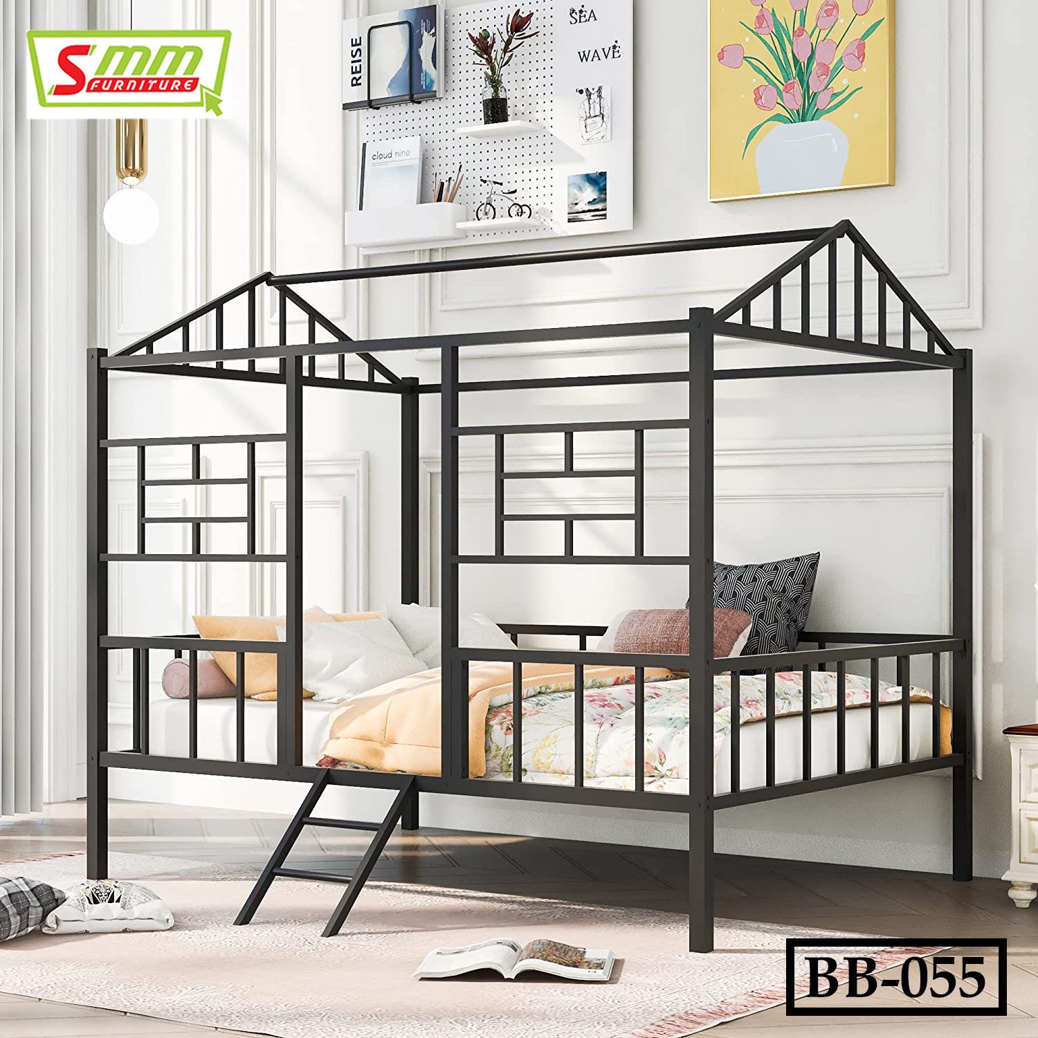 Twin House Bed with Rails, Metal Cabin Bed Frame with Ladder