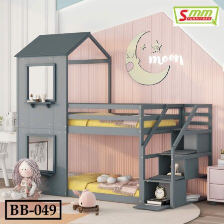 Twin Over Bunk Bed with Storage Stairs,with Roof and Window
