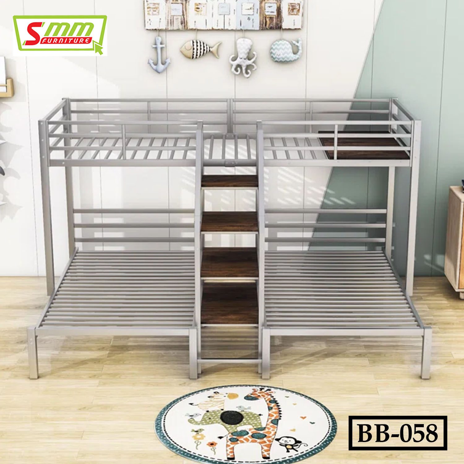 Twin Over Metal Triple Bunk Bed with Storage Shelves Staircase