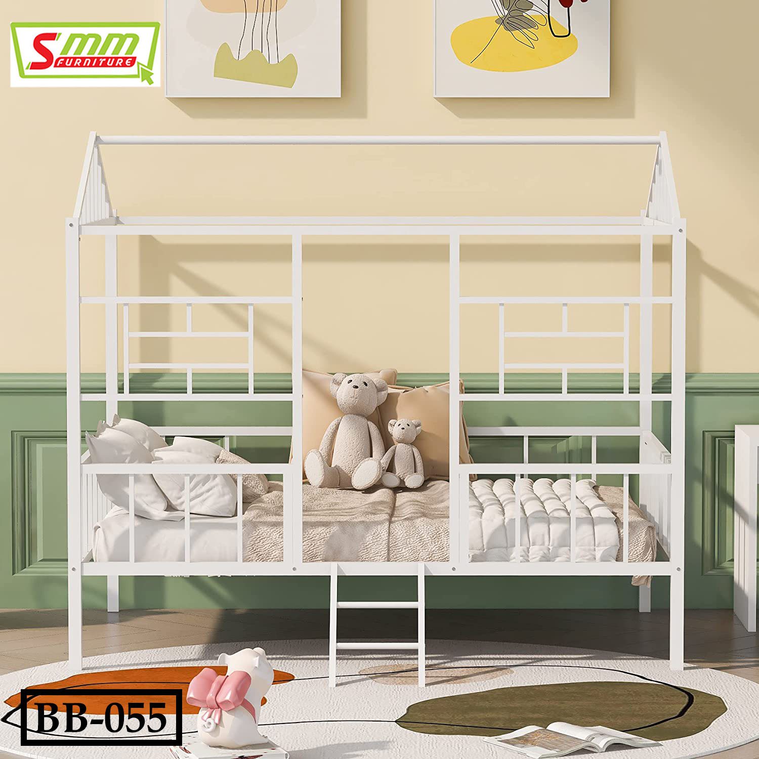 Twin House Bed with Rails, Metal Cabin Bed Frame with Ladder